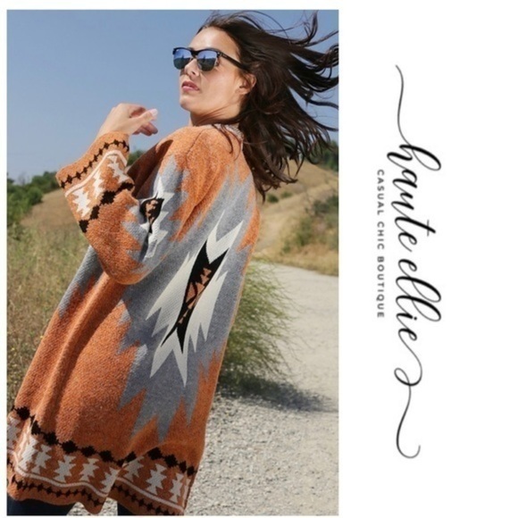 Haute Ellie Sweaters - Rust Aztec Blanket Cardigan Sweater